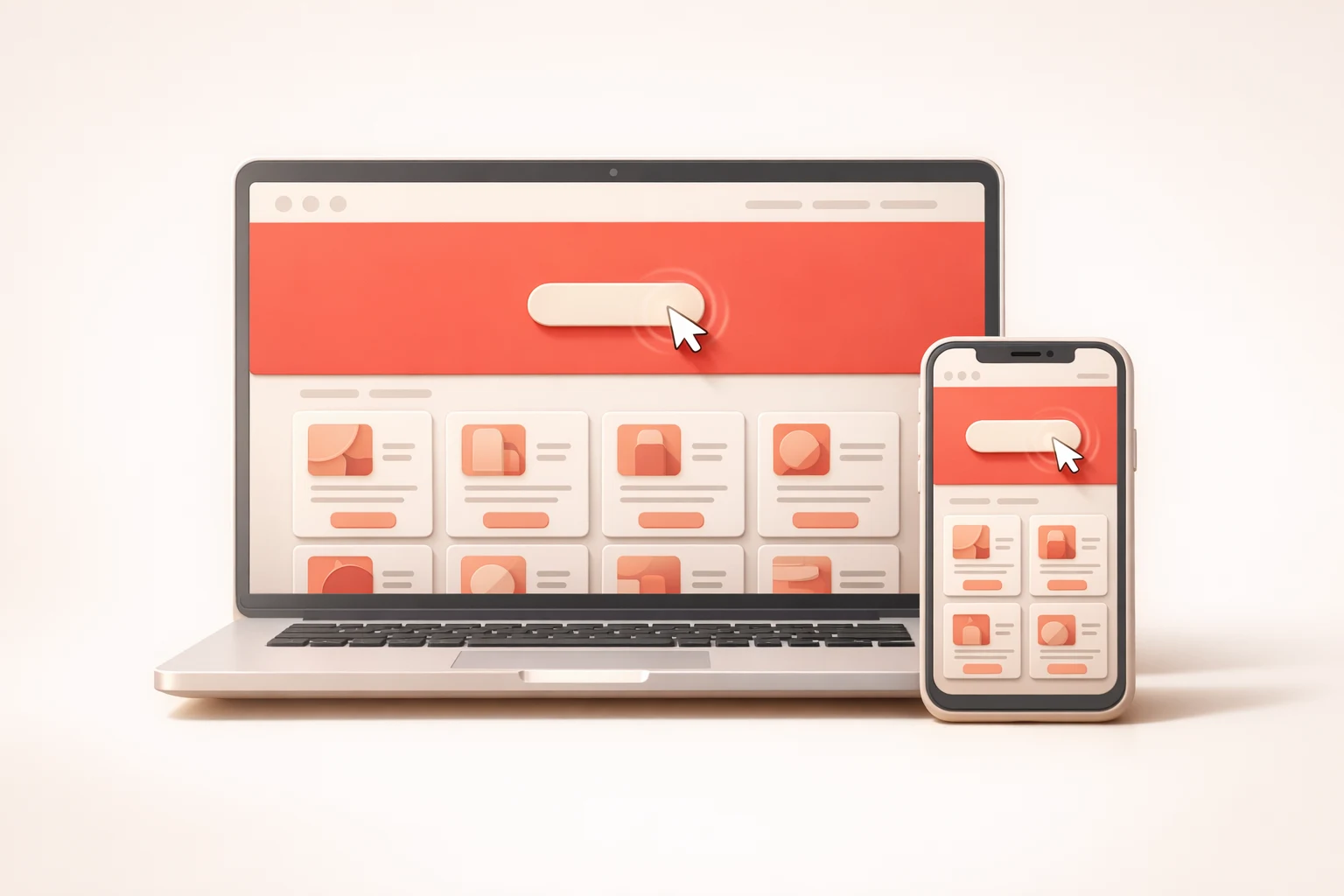 A Shopify storefront on a laptop and phone, both showing a clickable coral banner